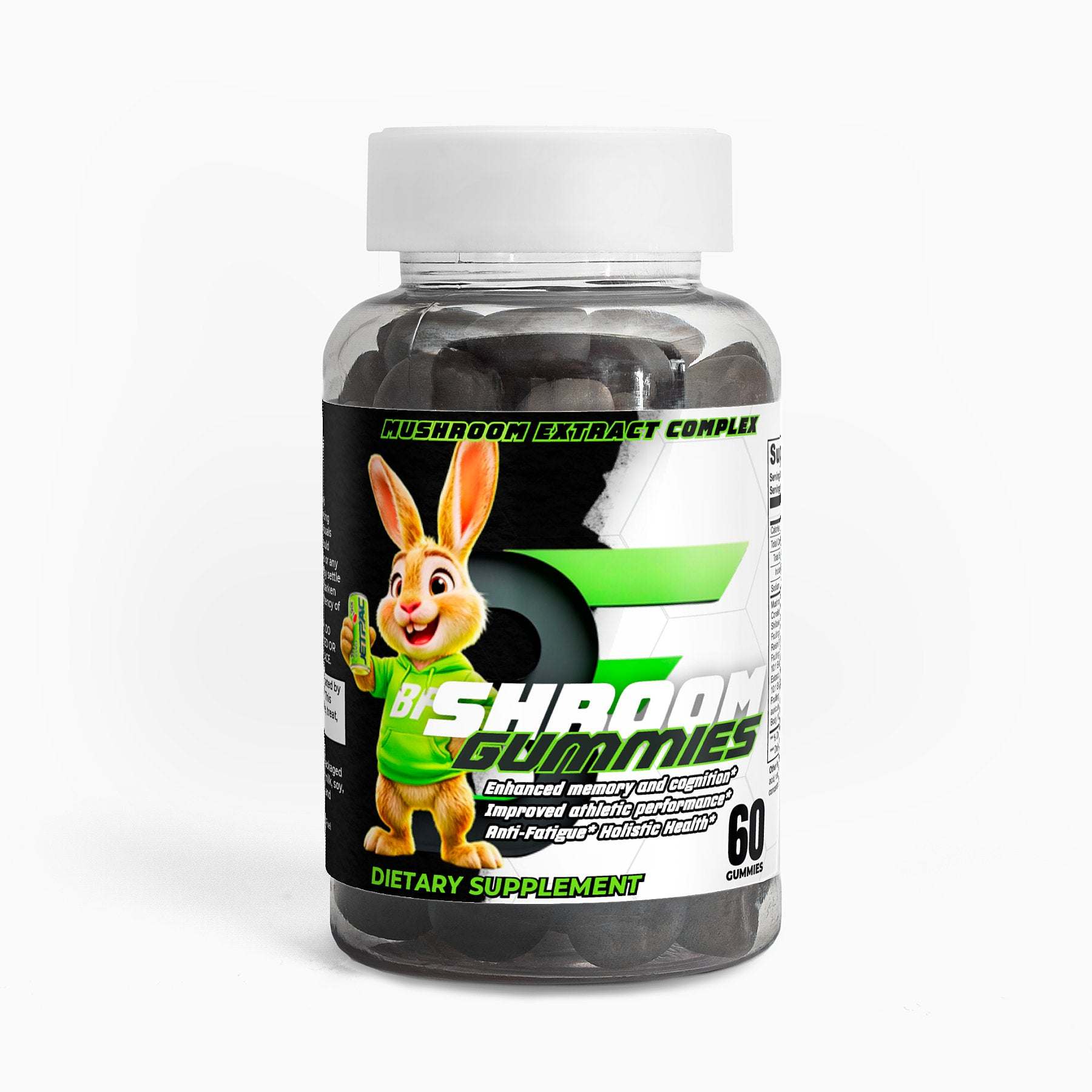 Bottle of Mushroom Extract Complex Gummies with label design, featuring 60 raspberry-flavored dietary supplements for wellness enhancement.
