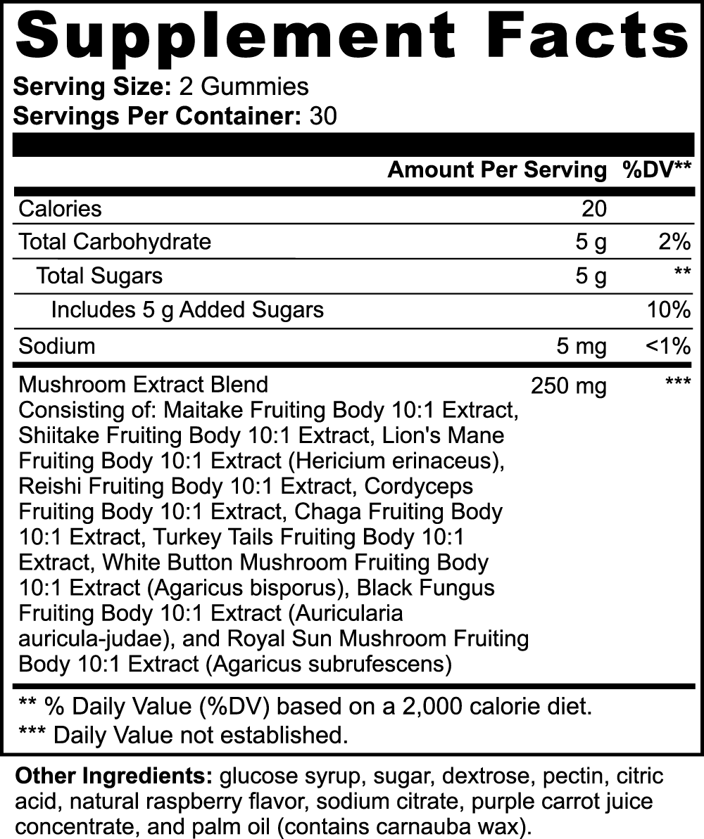 Mushroom Extract Complex Gummies with lion's mane, cordyceps, chaga, turkey tail, raspberry flavor, supplement facts.