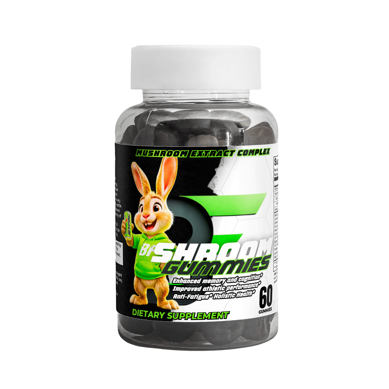 Mushroom Extract Complex Gummies bottle with 60 raspberry-flavored dietary supplements for brain, energy, and immune support.