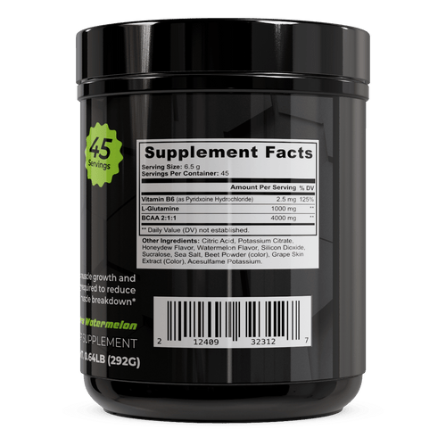 BCAA Post Workout supplement container with supplement facts label, 294g, honeydew watermelon flavor.