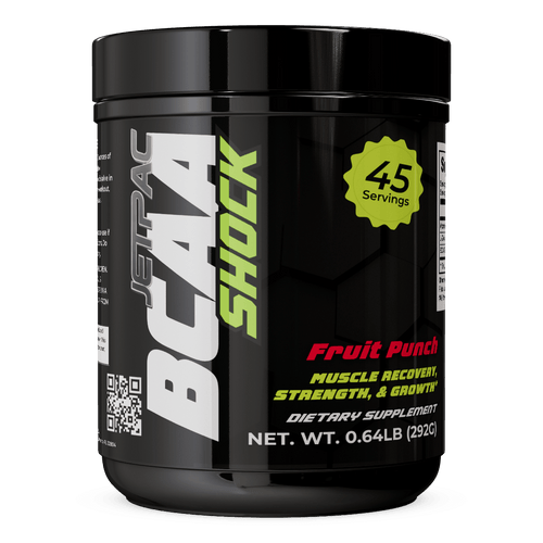 BCAA Shock post workout powder, fruit punch flavor, 0.64lb jar for muscle recovery and strength.