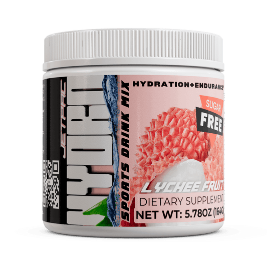 Hydro Sports Drink container with lychee flavor by JetPac, sugar-free electrolyte mix for hydration and fitness.