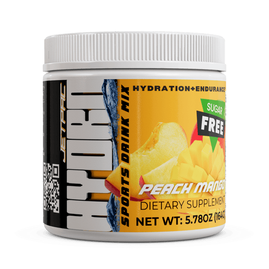 Hydro Sports Drink Peach Mango container with JetPac branding, sugar-free electrolyte mix.