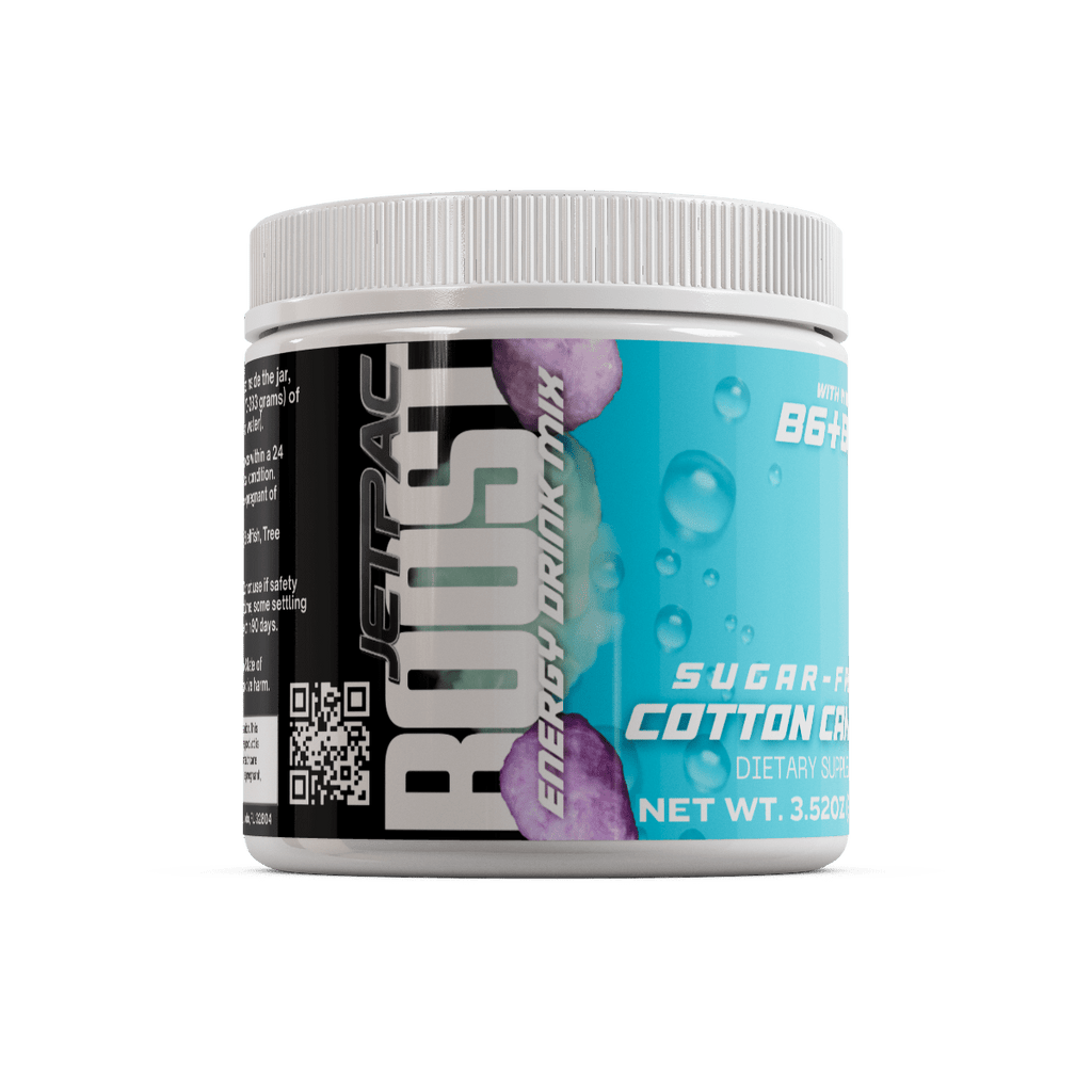 JetPac Boost Cotton Candy Energy Drink Mix in a labeled jar, offering sugar-free energy solution.