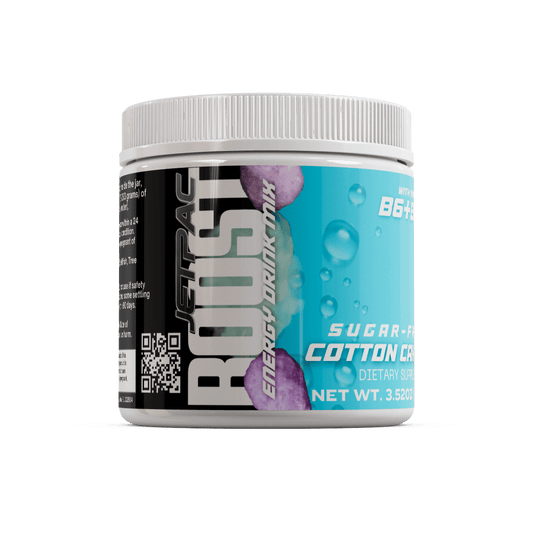 JetPac Boost Cotton Candy Energy Drink Mix in a labeled jar, offering sugar-free energy solution.