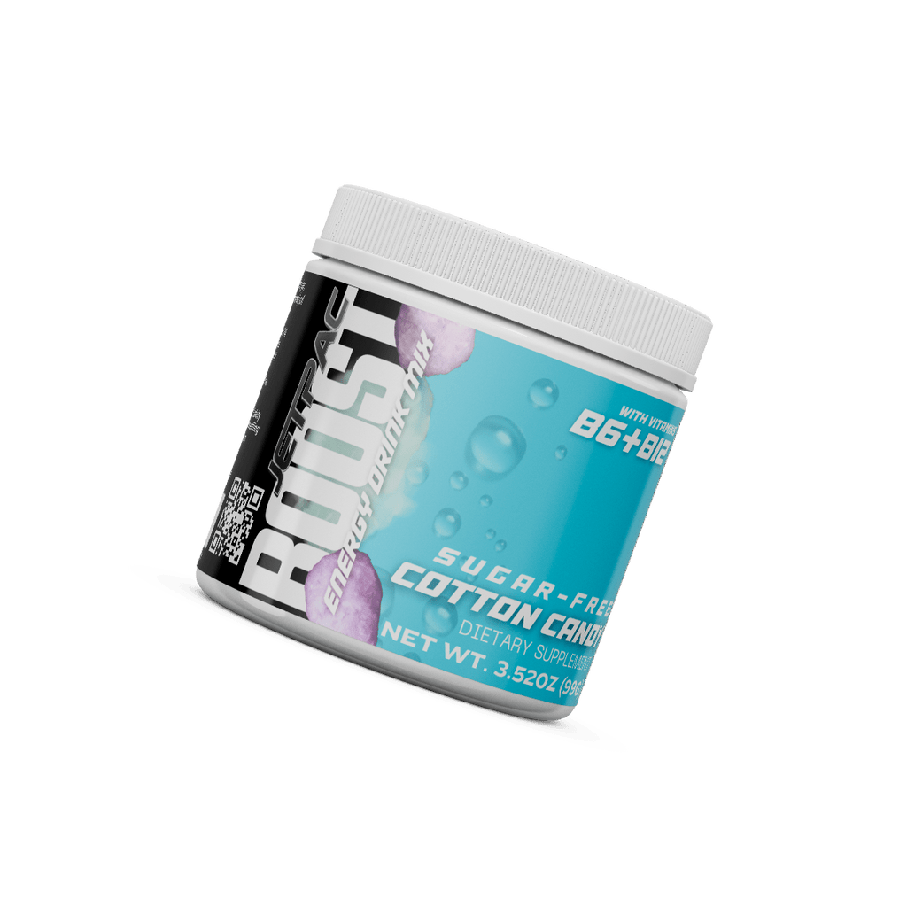 JetPac Boost Cotton Candy energy drink mix container with sugar-free formula label.