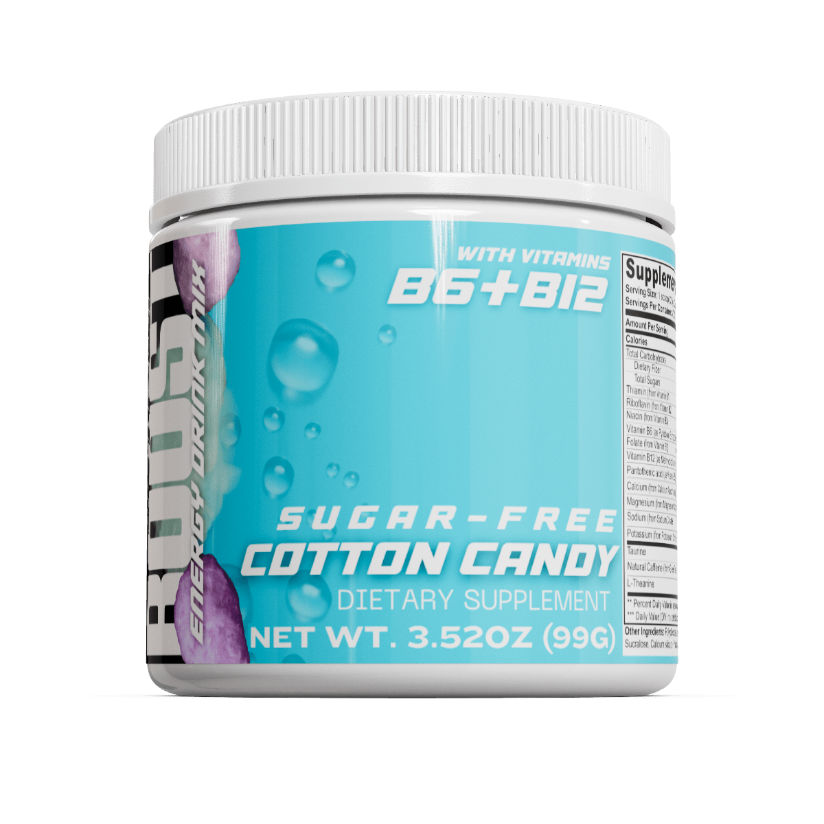 Sugar-free JetPac Cotton Candy energy drink mix with B6 and B12 vitamins.