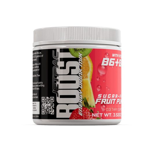 JetPac Boost Fruit Punch energy drink mix container with vibrant packaging.