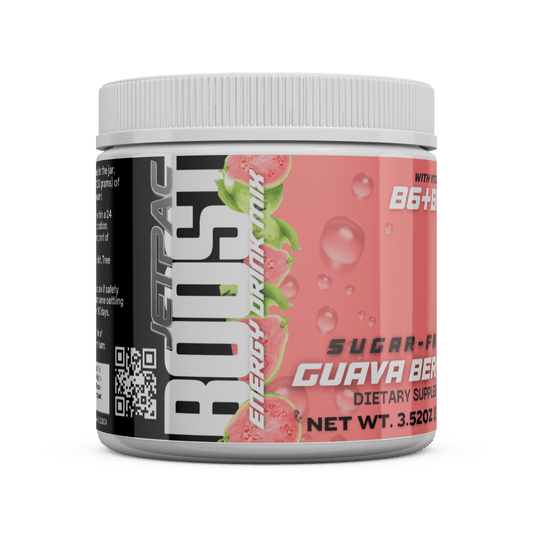 JetPac Boost Energy Drink Mix Guava Berry flavor, sugar-free, 40 servings container.