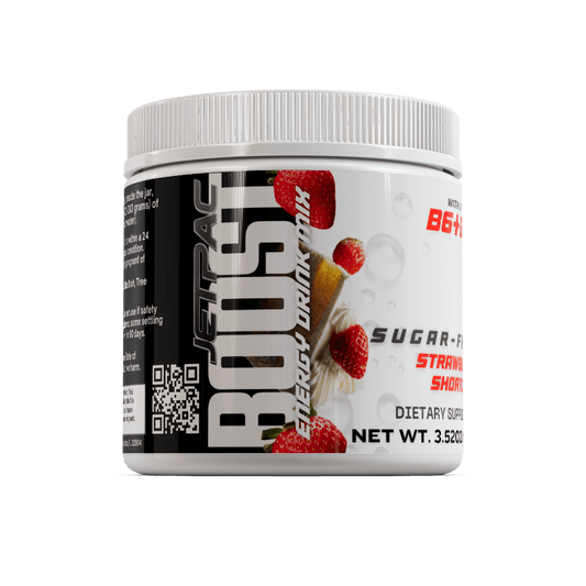 JetPac Energy Drink Mix Strawberry Shortcake flavor sugar-free powder container.