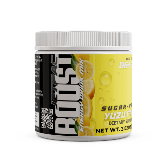 JetPac Boost energy drink mix yuzu fruit flavor, sugar-free, 40 servings.