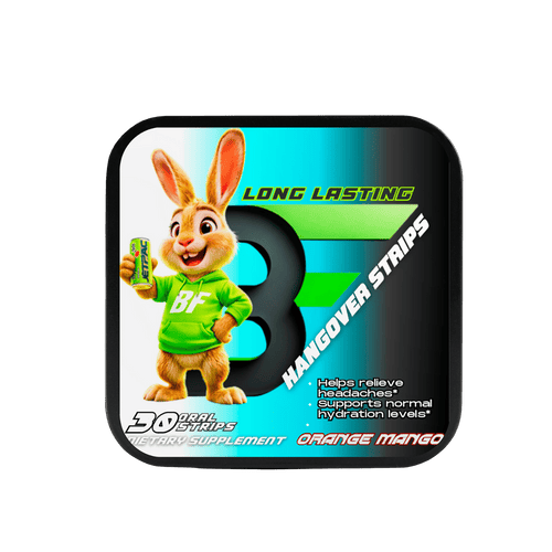 Hangover Relief Strips packaging with bunny mascot, orange mango flavor, 50 oral strips.